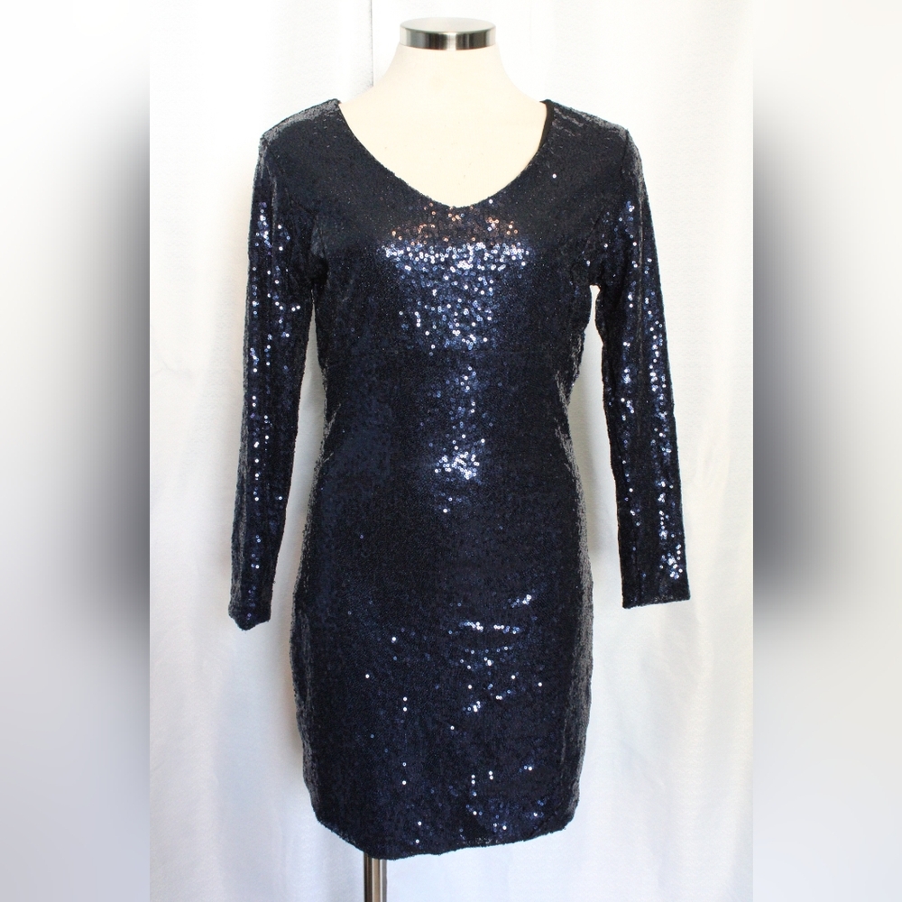 NWT Women’s Midnight Navy Sequin Long Sleeve Mini Dress – Size Small - Picture 2 of 10